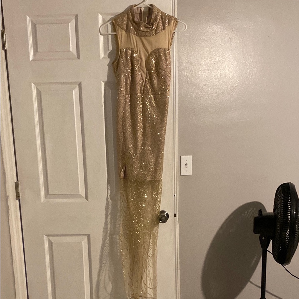 Tiger Mist Gold Sequin Halter Maxi Gown